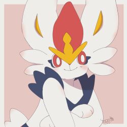  1:1 2024 ambiguous_gender anthro arm_support blush cinderace crossed_arms eve_(artist) fur generation_8_pokemon hi_res leaning_on_elbow nintendo pink_background pokemon pokemon_(species) red_eyes simple_background smile solo white_body white_fur yellow_inner_ear 