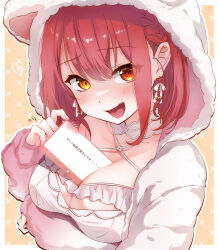  absurdres animal_hood arm_under_breasts bear_hood between_breasts blush breasts cleavage dress earrings female halterneck heterochromia highres hololive hood hoodie houshou_marine houshou_marine_(8th_costume) jewelry large_breasts looking_at_viewer official_alternate_costume open_mouth red_eyes red_hair short_hair smile tamakiwachi virtual_youtuber white_dress white_hoodie yellow_eyes 