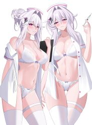  absurdres aircell alternate_costume black_horns blush bra breasts bright_pupils cleavage clipboard commentary cowboy_shot dual_persona female hair_between_eyes hair_intakes hat highres holding holding_clipboard holding_syringe honkai_(series) honkai_impact_3rd horns large_breasts long_hair looking_at_viewer nurse nurse_cap off_shoulder open_clothes open_shirt paid_reward_available panties parted_lips purple_eyes shirt side_horn simple_background smile syringe thelema_nutriscu thigh_strap thighhighs thighs underwear white_background white_bra white_hair white_panties white_pupils white_shirt white_thighhighs 