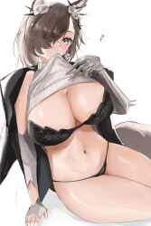  absurdres animal_ear_fluff animal_ears arknights biting black_panties blush bra breasts brown_hair cleavage clothes_in_mouth doubleuww1 female hair_over_one_eye heart highres jacket jacket_on_shoulders jewelry large_breasts long_hair long_sleeves looking_at_viewer mole mole_above_eye mouth_hold navel open_clothes panties penance_(arknights) shirt shirt_in_mouth simple_background solo sweater tail underwear v wolf_ears wolf_girl wolf_tail yellow_eyes 