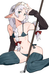  absurdres alternate_costume armpits bikini black_bikini black_ribbon black_sleeves black_thighhighs bow braid breasts closed_mouth detached_sleeves elf enmaided female frieren green_eyes grey_hair hair_ribbon hairbow highres long_hair maid maid_bikini maid_headdress micro_bikini navel pointy_ears red_bow ribbon sattinittas simple_background small_breasts sousou_no_frieren stomach swimsuit thighhighs twin_braids unconventional_maid v v_over_head white_background 