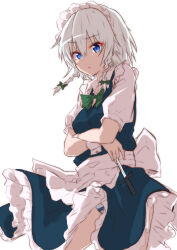  apron arms_under_breasts between_fingers blue_eyes bow bowtie braid breasts commentary_request crossed_arms female green_bow green_bowtie hairbow highres holding holding_knife izayoi_sakuya knife knives_between_fingers long_hair looking_at_viewer maid maid_headdress mukkushi open_mouth panties pantyshot short_sleeves solo striped_clothes striped_panties touhou twin_braids underwear waist_apron white_apron white_hair wrist_cuffs 