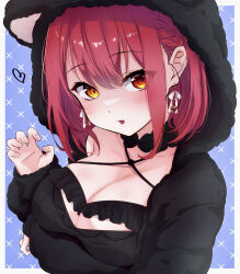  absurdres animal_hood arm_under_breasts bear_hood between_breasts black_dress black_hoodie blush breasts cleavage dress earrings female halterneck heterochromia highres hololive hood hoodie houshou_marine houshou_marine_(8th_costume) jewelry large_breasts looking_at_viewer official_alternate_color official_alternate_costume open_mouth red_eyes red_hair short_hair smile tamakiwachi virtual_youtuber yellow_eyes 