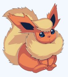  2021 ambiguous_gender blue_eyes digital_media_(artwork) eeveelution feral flareon fluffy fluffy_tail fur generation_1_pokemon head_tuft hi_res light_blush neck_tuft nintendo orange_body orange_fur pawpads paws pokemon pokemon_(species) simple_background sitting solo tail tuft white_background wide_hipped_feral wide_hips xmu 