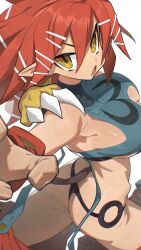  ass beast_master_(disgaea) bikini breasts commentary_request disgaea female hair_between_eyes hata4564 highres large_breasts looking_at_viewer open_mouth pointy_ears red_hair short_hair simple_background solo swimsuit tail white_background yellow_eyes 