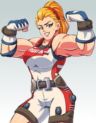  1girls 2d abs alternate_hairstyle areolae armpits belt biceps blizzard_entertainment blonde_hair breasts champion_zarya female female_only fingerless_gloves flexing front_view fully_clothed gloves gradient_background green_eyes hairband human large_breasts lewdamone lipstick long_hair looking_at_viewer muscles muscular_female overwatch ponytail red_lipstick shiny_skin simple_background smile solo sweat zarya 