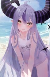  absurdly_long_hair ahoge alternate_costume beach beach_umbrella black_horns black_nails blue_sky blush breasts cloud collarbone commentary_request cooler cowboy_shot female hair_between_eyes highres hololive horns la+_darknesss long_hair looking_at_viewer motoi_(croa76) multicolored_hair nail_polish name_tag one-piece_swimsuit open_mouth outdoors paid_reward_available pointy_ears purple_hair purple_horns school_swimsuit shore sky small_breasts solo streaked_hair striped_horns swimsuit umbrella very_long_hair virtual_youtuber water white_one-piece_swimsuit yellow_eyes 