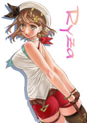  arms_behind_back ass atelier_(series) atelier_ryza atelier_ryza_2 bare_arms bare_shoulders belt beret black_bow boots bow bracelet braid breasts brown_belt brown_eyes brown_footwear brown_gloves brown_hair character_name commentary_request cowboy_shot drop_shadow earrings female from_behind gloves hair_ornament hat hat_bow highres jewelry large_breasts looking_at_viewer looking_back medium_hair oota_kazuhiro open_mouth red_shorts reisalin_stout shirt short_shorts shorts simple_background sleeveless sleeveless_shirt smile solo teeth thigh_boots upper_teeth_only white_background white_hat white_shirt 