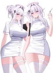  absurdres aircell alternate_costume black_horns blush breasts bright_pupils clipboard commentary cowboy_shot dress dual_persona female hair_between_eyes hair_intakes hat highres holding holding_clipboard holding_syringe honkai_(series) honkai_impact_3rd horns large_breasts long_hair looking_at_viewer nurse nurse_cap paid_reward_available panties parted_lips purple_eyes side_horn simple_background smile syringe thelema_nutriscu thigh_strap thighhighs thighs underwear white_background white_dress white_hair white_panties white_pupils white_thighhighs 