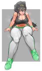  abs absurdres bamman black_hair blush breasts cleavage commentary commission english_commentary female green_eyes highres knees_up large_breasts letterboxed looking_up midriff muscular muscular_female original ponytail simple_background sitting solo sports_bra sportswear sweat wrist_cuffs 