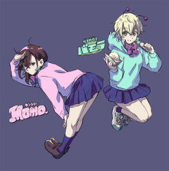  2girls alien antennae aqua_hoodie ayase_momo bamora_(dandadan) baozi bent_over blonde_hair blue_skirt blue_socks bow bowtie brown_footwear brown_hair character_name closed_mouth collared_shirt commentary_request dandadan dress_shirt earrings food full_body green_eyes hair_behind_ear hair_between_eyes hand_on_own_knee holding holding_food hood hood_down jewelry kneehighs kneepits kurarichaku long_sleeves looking_at_viewer medium_hair miniskirt multiple_girls pink_sweater pleated_skirt red_bow red_bowtie red_eyes salute school_uniform shirt shoes short_hair skirt sneakers socks sweater white_shirt 