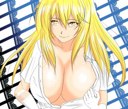  abstract_background anlive blonde_hair breasts cleavage closed_mouth collarbone collared_shirt commentary_request elbow_gloves female gloves hair_between_eyes huge_breasts long_bangs long_hair looking_at_viewer partially_unbuttoned shiny_skin shirt shokuhou_misaki short_sleeves sidelocks smile solo spider_web_print toaru_kagaku_no_railgun toaru_majutsu_no_index upper_body white_gloves white_shirt yellow_eyes 