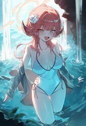  :d absurdres aru_(blue_archive) bare_shoulders blue_archive blush breasts demon_horns female flower grey_jacket hair_flower hair_ornament halo highres horns jacket large_breasts long_hair okkimon one-piece_swimsuit open_clothes open_jacket open_mouth pink_hair pink_halo smile solo sweatdrop swimsuit water white_flower white_one-piece_swimsuit yellow_eyes 