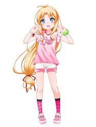  arms_up blonde_hair blue_eyes commentary_request double_v female full_body highres kashiwagi_hatsune kizuato long_hair low-tied_long_hair open_mouth photoshop_(medium) pink_footwear pink_shirt polka_dot polka_dot_shirt print_shirt ribbon scrunchie shirt shoes short_shorts shorts shouji_ayumu simple_background smile sneakers socks solo v white_background white_shorts wrist_scrunchie 