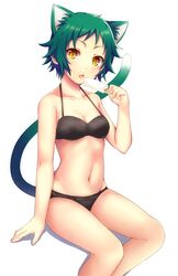  animal_ears bikini black_bikini cat_ears cat_tail commentary_request extra_ears female food fushiguro_yaya green_hair highres ice_cream kida_kuro_mu looking_at_viewer md5_mismatch short_hair simple_background slit_pupils solo swimsuit tail yellow_eyes yuragisou_no_yuuna-san 