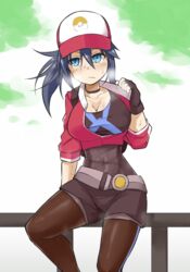  backpack bag blue_eyes blue_hair blush breasts brown_pantyhose choker cleavage commentary_request cosplay covered_navel female female_protagonist_(pokemon_go) female_protagonist_(pokemon_go)_(cosplay) fingerless_gloves gloves hair_between_eyes imura_(shiro_maru) jacket large_breasts long_hair looking_to_the_side open_clothes open_jacket original pantyhose pantyhose_under_shorts pokemon pokemon_go shiro_maru shorts sitting solo sweat 