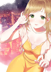  ahoge bad_id bad_pixiv_id blonde_hair blush breasts building city city_lights cleavage dress earrings female furururu green_eyes hair_down highres idolmaster idolmaster_cinderella_girls idolmaster_cinderella_girls_starlight_stage jewelry large_breasts long_hair looking_at_viewer necklace parted_lips sato_shin skyscraper smile solo 