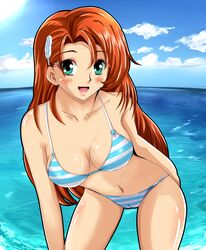  aqua_eyes beach bikini blue_sky blush breasts cameltoe cliana_rimskaya collarbone feathers female hair_ornament highres long_hair looking_at_viewer ocean open_mouth orange_hair shiguko smile solo striped striped_bikini striped_swimsuit super_robot_wars super_robot_wars_destiny super_robot_wars_original_generation swimsuit the_2nd_super_robot_wars_og water 