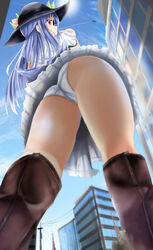  aircraft airplane alicemagic ass bare_legs blue_hair blue_sky boots brown_footwear building city commentary_request day female from_behind from_below giant giantess hand_to_own_mouth hat highres hinanawi_tenshi knee_boots long_hair looking_at_viewer looking_back looking_down outdoors panties red_eyes skirt sky skyscraper smile touhou underwear upskirt utility_pole 