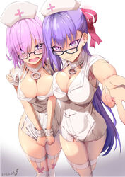  2girls absurdres alternate_costume armpits bb_(bb_shot!)_(fate) bb_(bb_shot!)_(fate)_(cosplay) bb_(fate) bb_(fate/extra) bb_(fate/extra)_(cosplay) black-framed_eyewear blue_hair blush breasts cleavage collar commentary_request cosplay covering_crotch covering_privates dated dress embarrassed fate/grand_order fate_(series) glasses gradient_background hair_over_one_eye hair_ribbon hand_on_another&#039;s_shoulder hat highres kurihara_kazuake large_breasts looking_at_viewer mash_kyrielight multiple_girls nail_polish nose_blush nurse nurse_cap open_mouth outstretched_arm pink_hair pink_ribbon purple_eyes ribbon short_dress short_hair short_sleeves skindentation thigh_strap thighhighs white_background white_dress white_nails white_thighhighs 