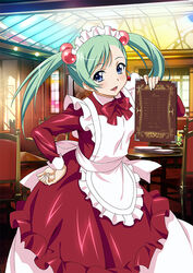  blue_eyes dress female green_hair hair_bobbles hair_ornament hand_on_own_hip holding ikkitousen indoors long_hair looking_at_viewer maid maid_headdress open_mouth photoshop_(medium) shokatsuryou_koumei solo twintails 