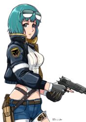  aqua_eyes aqua_hair artist_name belt black_gloves breasts bullet_print commentary_request cosplay eyewear_on_head female finalcake fingerless_gloves from_side girls&#039;_frontline gloves grizzly_mkv_(girls&#039;_frontline) grizzly_mkv_(girls&#039;_frontline)_(cosplay) gun handgun holding holding_gun holding_weapon jacket long_sleeves medium_breasts own_hands_together parted_lips sei_asagiri short_hair shorts solo standing sunglasses trigger_discipline va-11_hall-a weapon white_background 