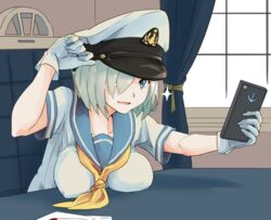  anchor_symbol arm_up blue_eyes breast_rest breasts cellphone chair commentary_request curtains desk female gloves grey_hair hair_over_one_eye hamakaze_(kancolle) hat hayashi_ekyuu holding holding_phone kantai_collection large_breasts neckerchief open_mouth outstretched_arm phone school_uniform selfie serafuku short_hair short_sleeves sitting smartphone solo sparkle upper_body white_gloves window yellow_neckerchief 