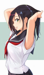  adjusting_hair armpit_peek armpits arms_up black_hair black_skirt blouse breasts closed_mouth commentary_request female from_side green_eyes hair_tie hair_tie_in_mouth highres itachi_kanade long_hair medium_breasts mouth_hold neckerchief original outside_border photoshop_(medium) pleated_skirt profile red_neckerchief sailor_collar school_uniform serafuku shirt short_sleeves sideways_mouth simple_background skirt smile solo tying_hair uniform up_sleeve white_shirt 