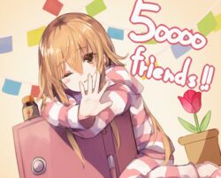  ;) blush bottle brown_eyes closed_mouth commentary_request female flower hair_between_eyes head_tilt hood hood_down hooded_jacket ienaga_mugi ienaga_mugi_(1st_costume) jacket light_brown_hair long_hair looking_at_viewer makihitsuji milestone_celebration nijisanji one_eye_closed pants red_flower smile solo string_of_flags striped_clothes striped_jacket striped_pants tulip very_long_hair virtual_youtuber 