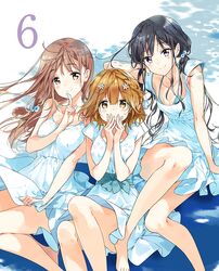  3girls adagaki_aki arm_between_breasts arm_up bare_legs barefoot between_breasts bikini bikini_top_only black_hair braid breasts bright_pupils brown_eyes brown_hair closed_mouth dress dress_tug finger_to_mouth flower french_braid fujinomiya_neko girl_sandwich hair_flower hair_ornament hand_to_own_mouth highres koiwai_yoshino long_hair looking_at_viewer low_twintails masamune-kun_no_revenge medium_breasts mole mole_under_eye multiple_girls outdoors own_hands_together purple_eyes sandwiched short_hair sitting small_breasts smile swimsuit tiv tucking_hair twintails white_dress white_pupils wind wind_lift 