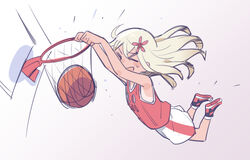  &gt;_&lt; ball basketball basketball_(object) basketball_hoop basketball_uniform blonde_hair closed_eyes commentary female flower full_body gradient_background hair_flower hair_ornament kantai_collection long_hair one-piece_tan open_mouth pun ro-500_(kancolle) shoes slam_dunk_(basketball) smile sneakers solo sportswear tan tanlines tonmoh white_background 