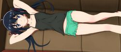  armpits bare_legs blue_eyes blue_hair camisole collarbone female gamers! hoshinomori_konoha long_hair looking_at_viewer lying on_back screencap short_shorts shorts tank_top twintails 