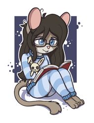  2018 aggie_(artist) anthro biped blue_eyes book brown_body brown_fur brown_hair buckteeth clothed clothing digital_media_(artwork) dormouse edible_dormouse eyewear female fur glasses hair holding_object mammal miri_(aggie) pajama_pants pajama_shirt plushie reading rodent simple_background sitting smile solo teeth young young_anthro 