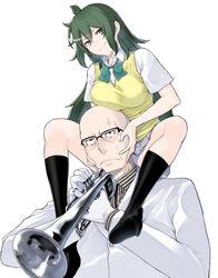  1boy amano_midoriko bald black_legwear breast_rest breasts carrying commentary_request female formal gloves green_eyes green_hair instrument kibune_uzu large_breasts looking_at_viewer necktie photoshop_(medium) scar shoulder_carry sitting sitting_on_person skirt smile socks suit sweatdrop trumpet vest white_background white_gloves yasuda_suzuhito yozakura_quartet 