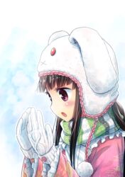  animal_hat blush breath brown_hair cloud_print commentary_request female frilled_shirt_collar frilled_sleeves frills from_side gloves hands_up hat houraisan_kaguya long_hair long_sleeves looking_down morioka_itari pink_eyes pink_shirt rabbit_hat scarf shirt solo striped_clothes striped_scarf touhou white_gloves 