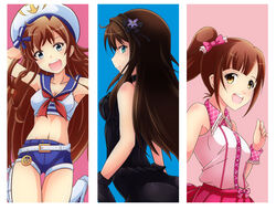  3girls aqua_eyes black_gothic_dress_(idolmaster) braid breasts brown_eyes brown_hair commentary dress gloves green_eyes hat idolmaster idolmaster_cinderella_girls idolmaster_million_live! igarashi_kyoko kousaka_umi long_hair medium_breasts multiple_girls open_mouth photoshop_(medium) pink_check_school_(idolmaster) ryusei2u sailor_collar sailor_hat shibuya_rin side_ponytail twin_braids 