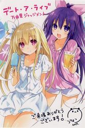  2girls bad_link blonde_hair blush date_a_live dress earrings food gekijouban_date_a_live:_mayuri_judgement jewelry juice looking_at_viewer mayuri_(date_a_live) multiple_girls official_art one_side_up open_mouth ponytail popsicle purple_eyes purple_hair short_sleeves sitting smile translation_request tsunako yatogami_tooka 