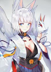  animal_ear_fluff animal_ears azur_lane blue_eyes blue_ribbon blue_skirt blunt_bangs blurry breasts cleavage cleavage_cutout clothing_cutout collar collarbone commentary cowboy_shot depth_of_field eyeliner eyeshadow female fox_ears fox_girl fox_mask fox_tail grey_background hakama hakama_short_skirt hakama_skirt hand_up highres holding holding_mask japanese_clothes kaga_(azur_lane) kimono kitsune large_breasts light_smile long_sleeves looking_to_the_side makeup mask multiple_tails outstretched_hand parted_lips ribbon ribbon_trim septoleaf short_hair simple_background skirt solo tail tassel underbust unworn_mask white_hair white_kimono wide_sleeves wristband 