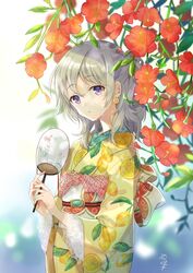  commentary_request earrings female flower food-themed_earrings grey_hair half_updo hand_fan holding holding_fan japanese_clothes jewelry kimono lace-trimmed_sleeves lace_trim lemon_earrings lemon_print long_sleeves looking_at_viewer medium_hair nekozuki_yuki obi original paper_fan parted_lips purple_eyes red_flower sash signature solo sweat trumpet_creeper uchiwa wide_sleeves yellow_kimono 