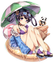  ahoge animal ayatsuki_sugure azur_lane bad_id bad_pixiv_id bag baguette ball beach_umbrella beachball bikini black_choker black_footwear blue-tinted_eyewear blue_jacket blush bread breasts choker cleavage closed_mouth collarbone commentary_request eyewear_on_head female food full_body fur-trimmed_jacket fur_trim gloves grey-framed_eyewear hair_rings hairpods halterneck hand_up head_tilt highres innertube jacket long_sleeves looking_at_viewer medium_breasts ning_hai_(azur_lane) ning_hai_(summer_hunger)_(azur_lane) off_shoulder official_alternate_costume open_clothes open_jacket panda paper_bag platform_footwear puffy_long_sleeves puffy_sleeves purple_bikini purple_eyes purple_gloves purple_hair shopping_bag sidelocks simple_background sleeves_past_wrists solo sunglasses swim_ring swimsuit tinted_eyewear umbrella white_background 