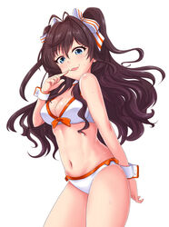  :3 bikini blue_eyes breasts brown_hair commentary_request cowboy_shot female finger_to_mouth ichinose_shiki idolmaster idolmaster_cinderella_girls long_hair looking_at_viewer medium_breasts momoda_yasuhito navel open_mouth simple_background solo swimsuit two_side_up wavy_hair white_background white_bikini wrist_cuffs 