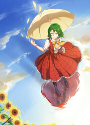  alternate_eye_color artist_name bad_id bad_pixiv_id bangs black_legwear blue_sky breasts cloud collared_shirt day fingernails flower frilled_skirt frills from_above green_hair hair_between_eyes hand_up high_heels highres holding holding_umbrella kazami_yuuka long_skirt looking_up medium_breasts nail_polish orange_eyes parasol petals pink_nails red_footwear red_skirt red_vest reflection ripples sanriyueguyun shiny shiny_hair shirt shoes short_hair signature skirt skirt_set sky solo standing standing_on_liquid sunflower touhou umbrella vest white_shirt wind 