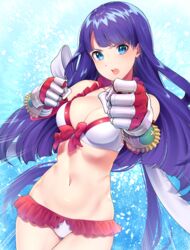  bikini blue_eyes breasts cleavage clenched_hands commentary_request cowboy_shot d: dutch_angle elbow_gloves fate/grand_order fate_(series) female frilled_bikini frills gauntlets gloves highres hisayaki_kyuu large_breasts long_hair looking_at_viewer martha_(fate) martha_(swimsuit_ruler)_(fate) martha_(swimsuit_ruler)_(third_ascension)_(fate) open_mouth purple_hair red_gloves solo swimsuit teeth v-shaped_eyebrows white_bikini 