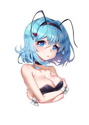  absurdres antennae arthropod_girl bad_id bad_pixiv_id bare_shoulders black_choker black_hairband black_leotard blue_eyes blue_hair blush breasts bug choker cleavage closed_mouth cockroach collarbone commentary_request female hair_between_eyes hair_ornament hairband head_tilt highres leotard looking_at_viewer medium_breasts mo_xiaoxue original red_eyes simple_background solo strapless strapless_leotard white_background wrist_cuffs 