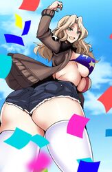  adapted_costume american_flag american_flag_bikini american_flag_print arm_up ass bikini bikini_under_clothes black_panties blonde_hair blue_eyes blush breasts brown_jacket butt_crack cloud commentary_request confetti day female flag_print from_below girls_und_panzer hifumi_hajime highres jacket kay_(girls_und_panzer) large_breasts long_hair looking_at_viewer no_shirt open_clothes open_jacket open_mouth outdoors panties pointy_breasts print_bikini saunders_military_uniform short_shorts shorts skindentation sky solo star_(symbol) swimsuit thighhighs twisted_torso underboob underwear white_thighhighs 