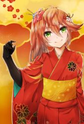  black_gloves commentary_request elbow_gloves female flower gloves green_eyes hair_flower hair_ornament head_tilt japanese_clothes kimono kurage_(11649021) leilan_(p&amp;d) light_blush long_hair looking_at_viewer orange_hair puzzle_&amp;_dragons side_ponytail smile solo 