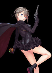  ange_(princess_principal) ass black_background black_cape black_footwear black_gloves blue_eyes boots braid breasts brown_hair cape cavorite_ball commentary female from_side fur_collar gloves gun hair_between_eyes handgun highres holding holding_gun holding_weapon ldfe_mk2 long_sleeves looking_at_viewer medium_breasts parted_lips photoshop_(medium) princess_principal revolver simple_background solo symbol-only_commentary trigger_discipline weapon webley-fosbery_automatic_revolver 