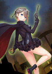  ange_(princess_principal) ass black_cape black_footwear black_gloves blue_eyes boots braid breasts brown_hair cape cavorite_ball cloud commentary dutch_angle female from_side fur_collar gloves gun hair_between_eyes handgun highres holding holding_gun holding_weapon house ldfe_mk2 long_sleeves looking_at_viewer medium_breasts night outdoors parted_lips photoshop_(medium) princess_principal revolver sky smoke solo symbol-only_commentary trigger_discipline weapon webley-fosbery_automatic_revolver 