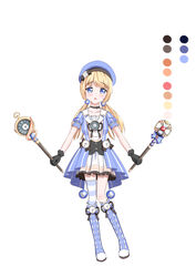  absurdres asymmetrical_legwear beret blonde_hair blue_footwear boots clock commentary_request female full_body hat highres knee_boots knees_together_feet_apart magical_girl mao_xin&#039;ai mismatched_legwear original scepter solo standing thigh_boots thighhighs twintails white_background 