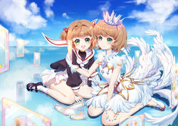  2girls :d absurdres arm_support bad_id bad_pixiv_id between_legs black_footwear black_shirt blue_sky blurry blurry_background blush card cardcaptor_sakura clear_card closed_mouth cloud commentary_request crown day depth_of_field dress dual_persona feathered_wings fingernails gloves green_eyes hair_bobbles hair_ornament hand_between_legs hand_up high_heels highres holding holding_card horizon kinomoto_sakura light_brown_hair long_sleeves mary_janes mini_crown mo_xiaoxue multiple_girls necktie open_mouth outdoors pleated_skirt puffy_long_sleeves puffy_sleeves reflection round_teeth sailor_collar school_uniform shirt shoes short_hair sitting skirt sky sleeveless sleeveless_dress smile socks teeth tomoeda_elementary_school_uniform transparent two_side_up upper_teeth_only wariza white_dress white_footwear white_gloves white_legwear white_necktie white_sailor_collar white_skirt white_wings wings 